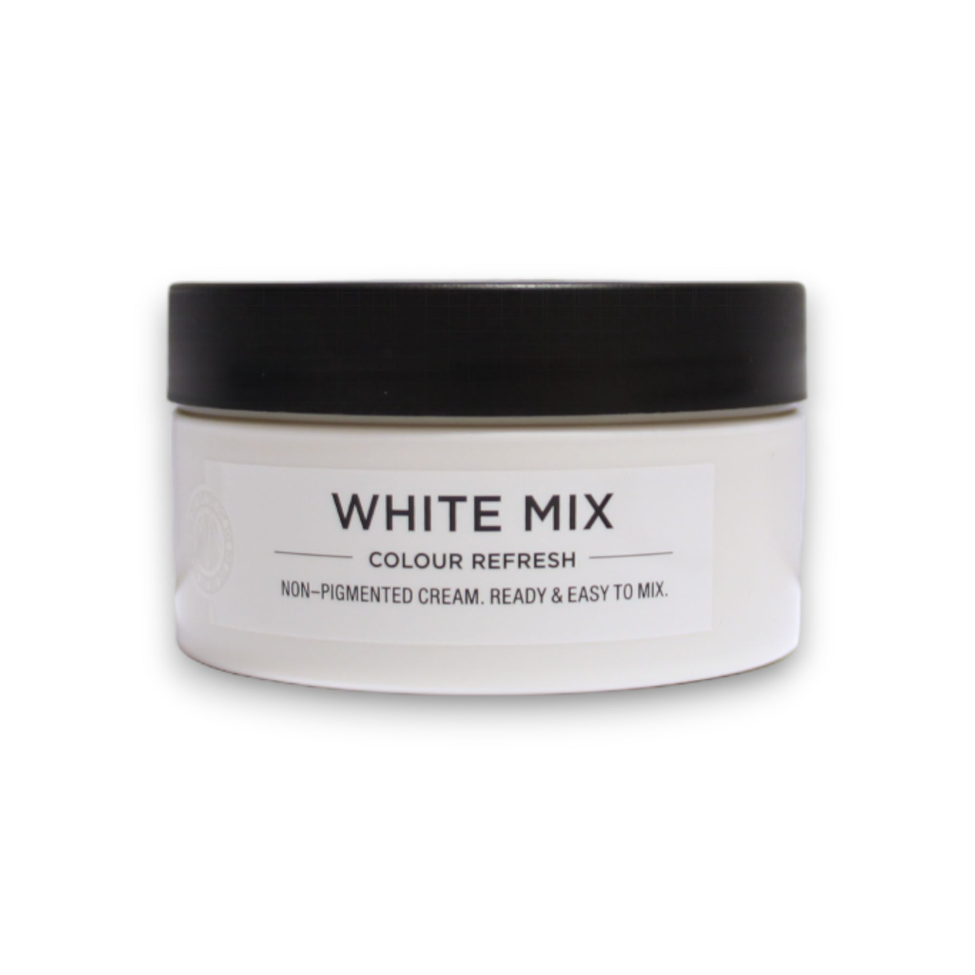 Witte pot met zwarte deksel, opschrift "WHITE MIX COLOUR REFRESH".