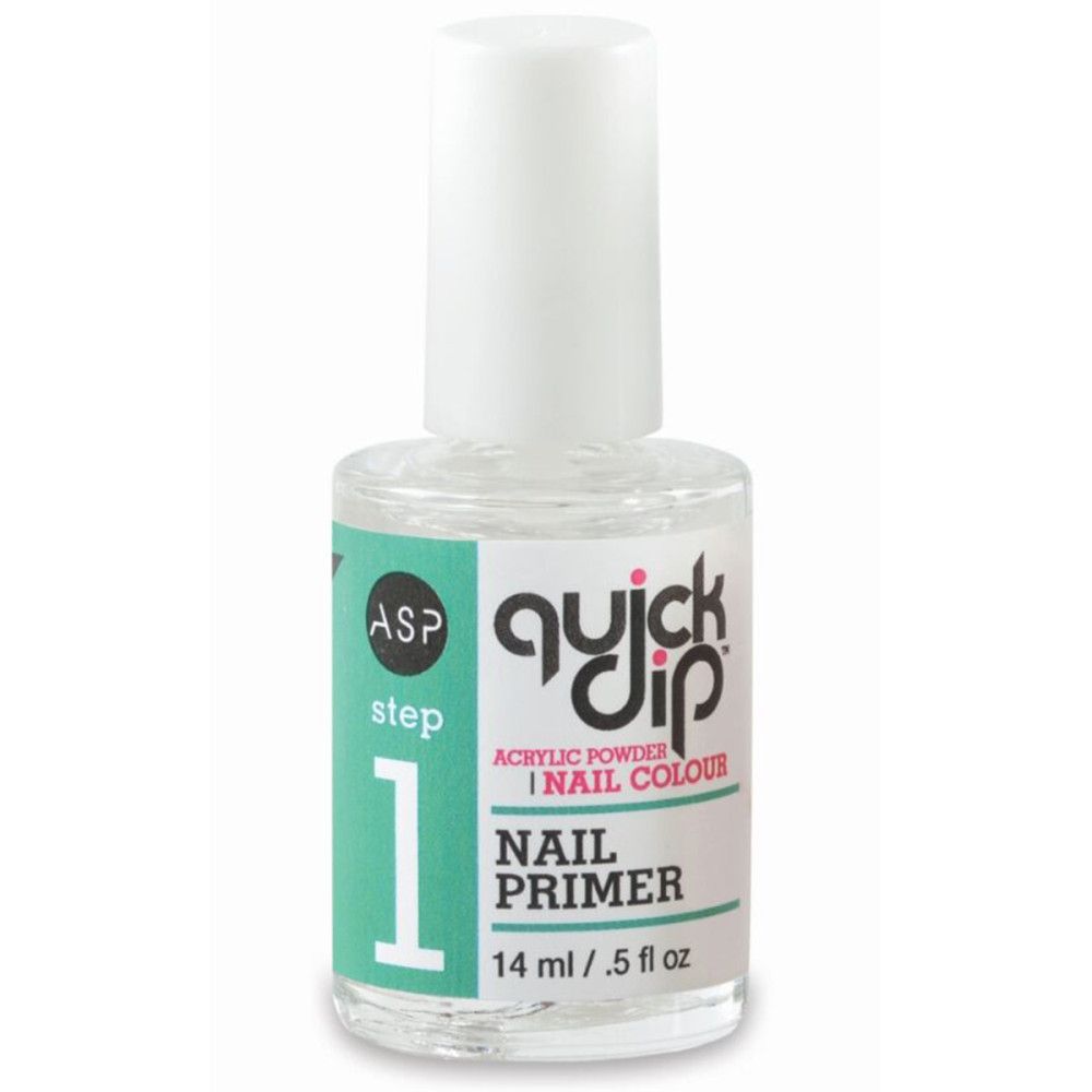Flacon transparent avec bouchon blanc. Inscription Quick Dip, Nail Primer, 14 ml. Marque ASP.