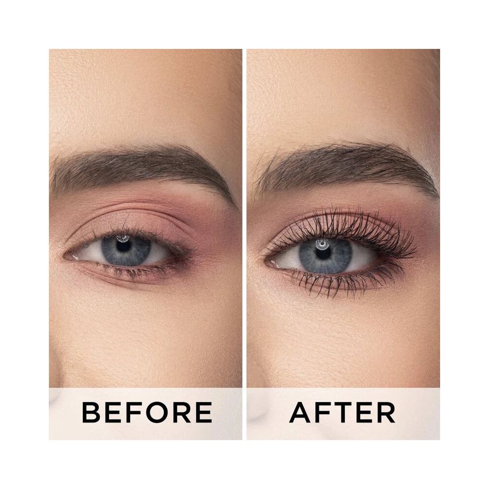 Comparaison avant-après. Un oeil sans et avec le mascara Artdeco Amazing Effect. Inscription : BEFORE, AFTER.