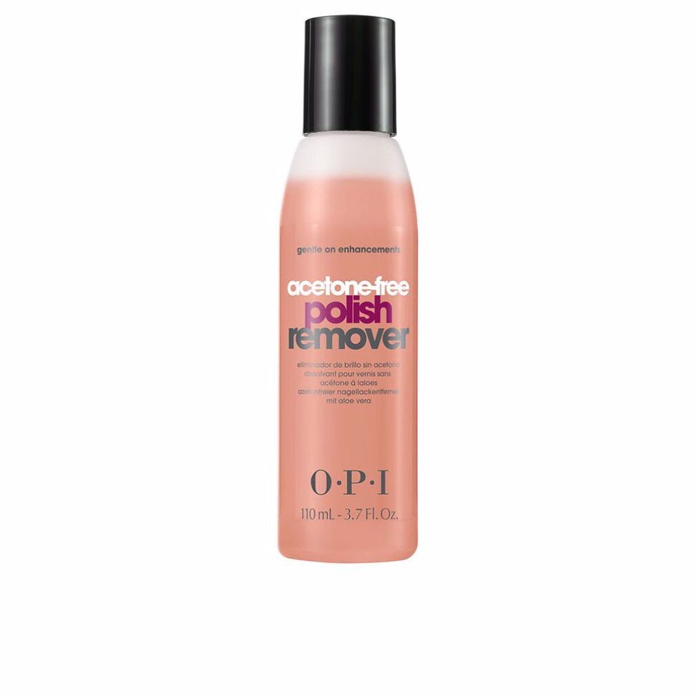 OPI nagellak remover. Fles met roze vloeistof en zwarte dop. Opschrift: 'acetone-free polish remover'.