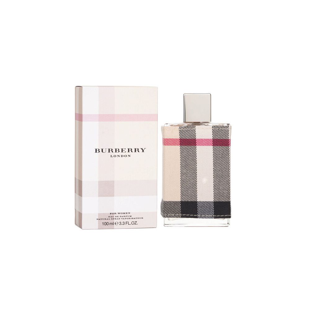 Fles en verpakking met ruitpatroon. Opschrift: Burberry London. Fles met zilveren dop. Verpakking met tekst.