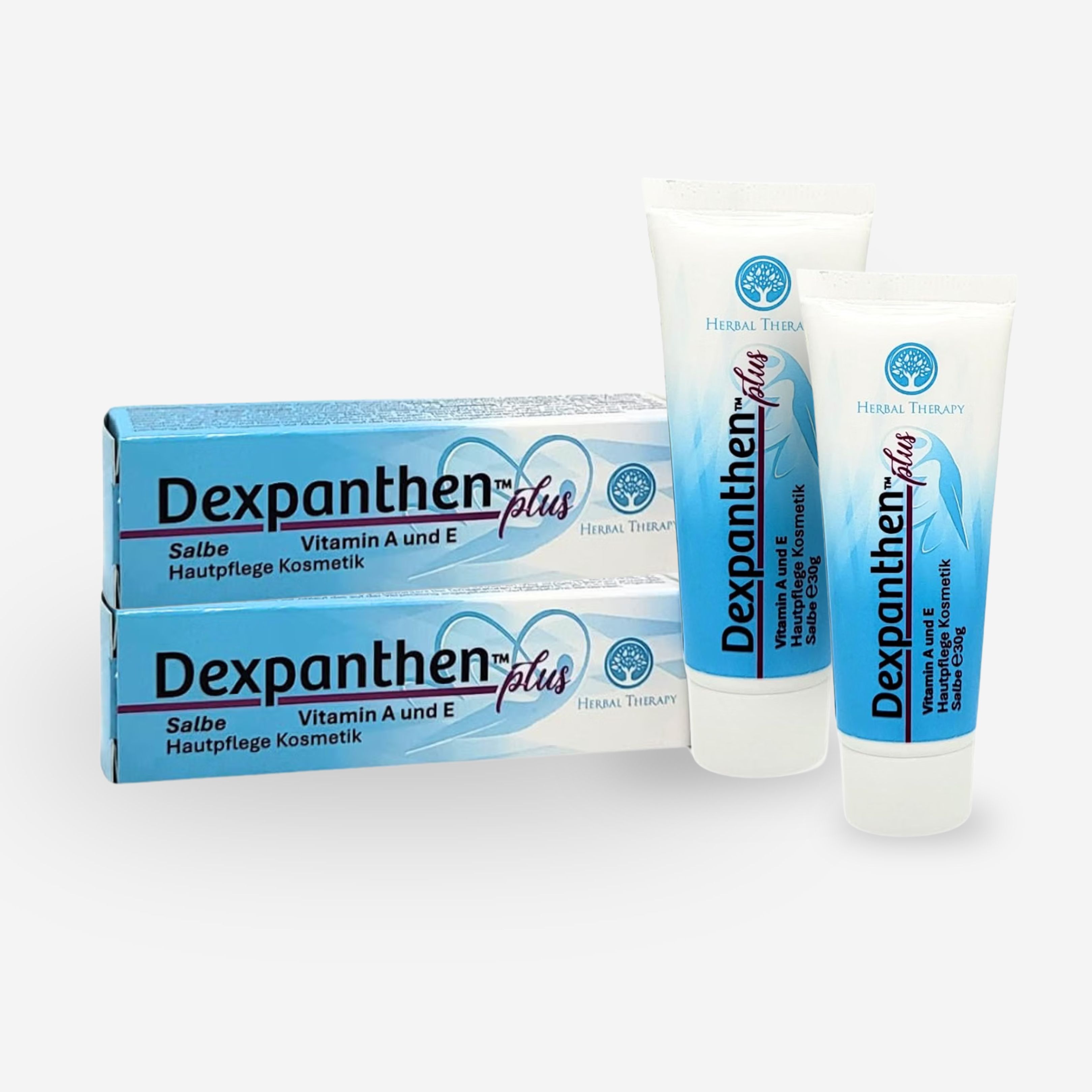 Deux tubes Dexpanthenol Plus Herbal et deux boîtes Dexpanthenol Plus.