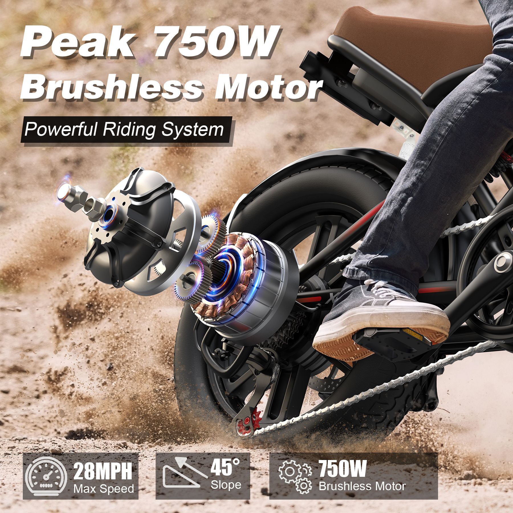 Close-up van de motor van een VARUN X-Plorer e-bike. Tekst: Peak 750W Brushless Motor, 28MPH Max Speed, 45° Slope.
