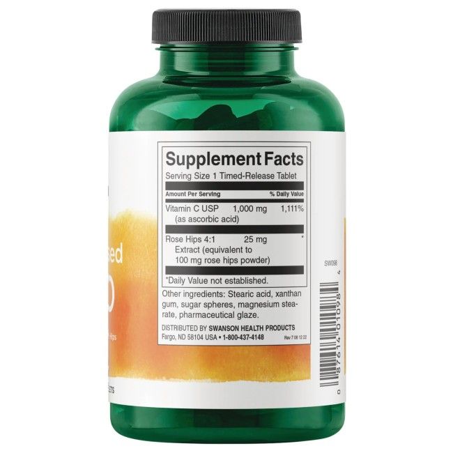 Dos du flacon vert. Étiquette avec informations nutritionnelles: vitamine C, extrait d'églantier. Fabricant: SWANSON HEALTH PRODUCTS.
