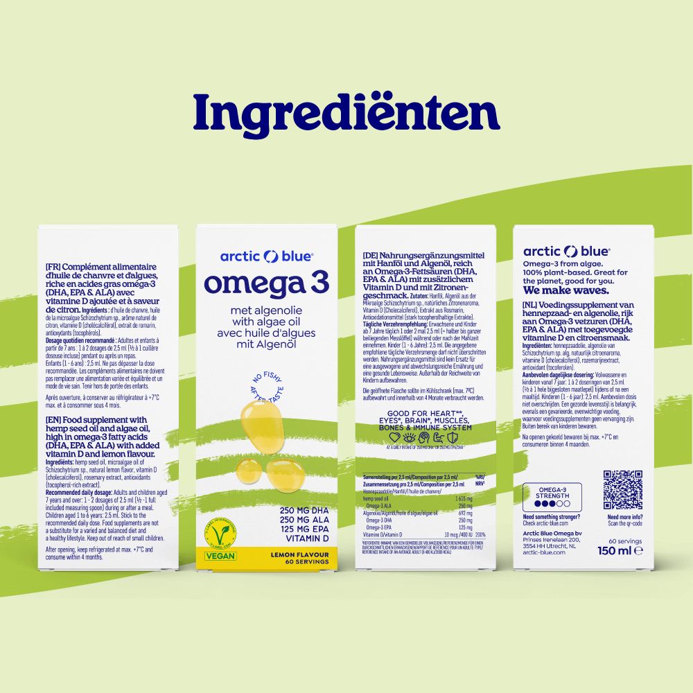 Fles Omega 3 algenolie citroensmaak, V-Label Vegan keurmerk en ingrediënteninformatie.