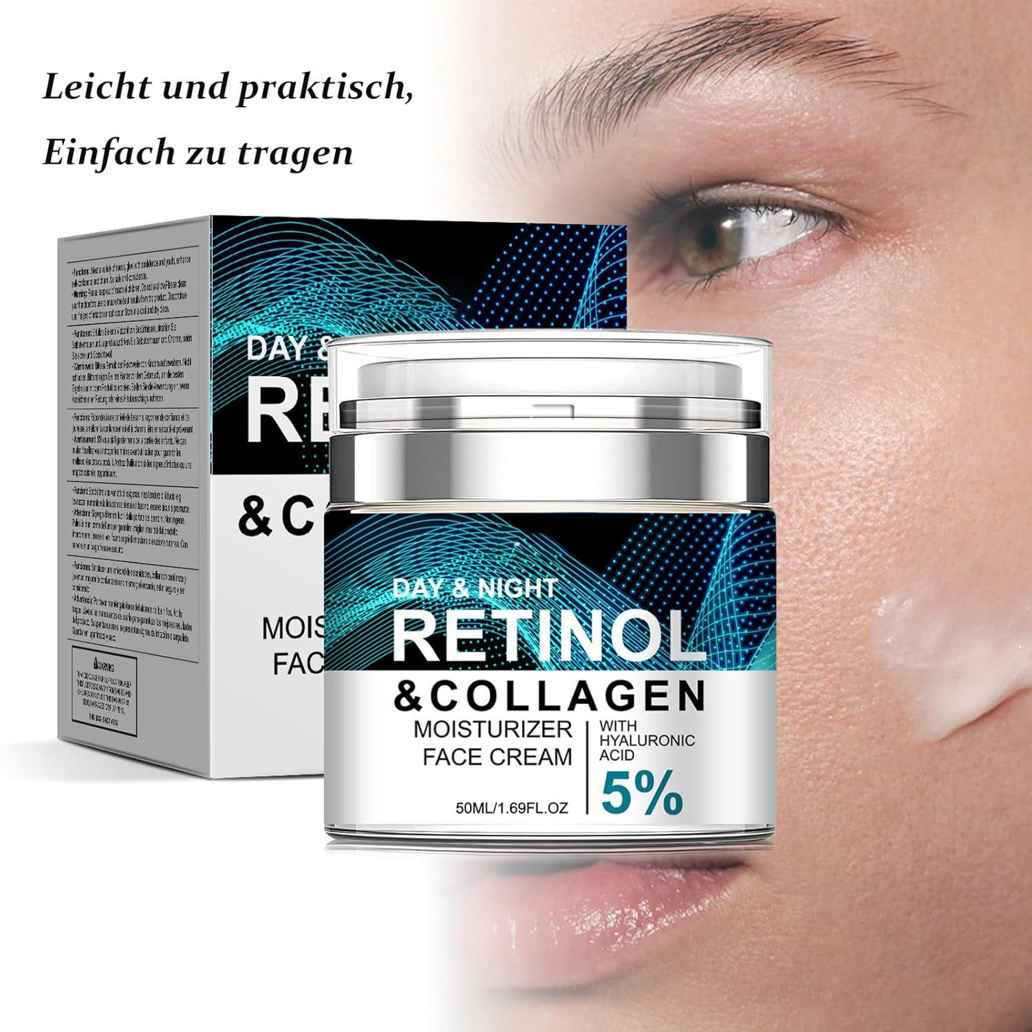 Crème visage Soleneva Rétinol & Collagène avec emballage et gros plan d'un visage.