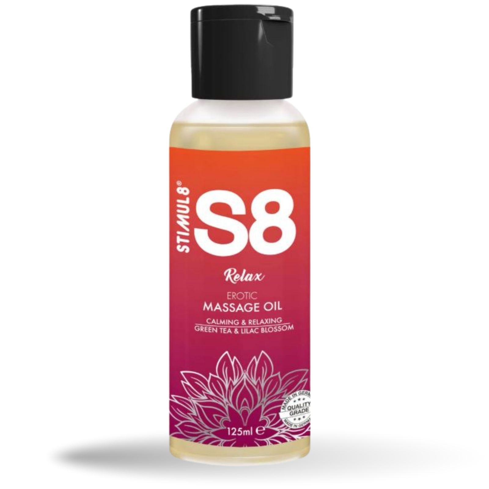 Fles massageolie S8 Relax Erotic. Zwarte dop. 125 ml. Met groene thee en lila aroma.