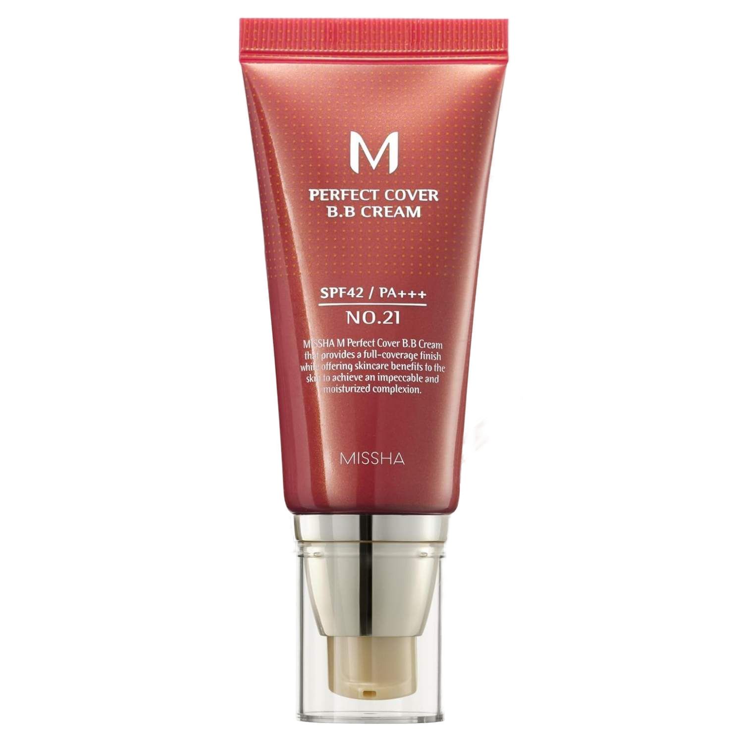 Tube rouge avec "PERFECT COVER B.B CREAM". Contient SPF42/PA+++ et le numéro 21. Marque : MISSHA.