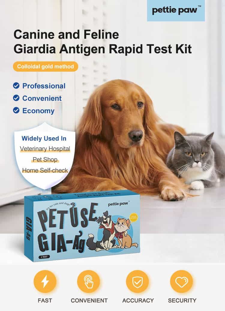 Hond en kat naast de verpakking van een Giardia antigeen test. Tekst benadrukt voordelen.