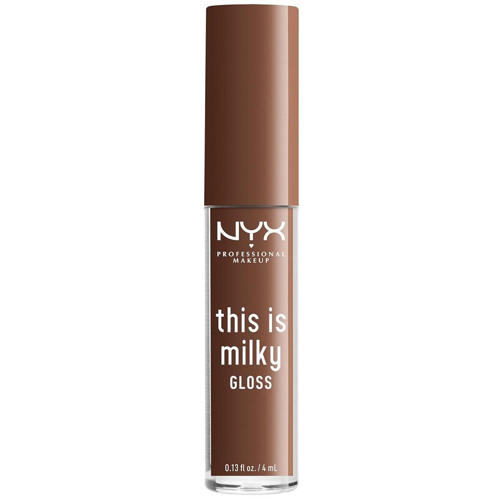 Gloss à lèvres marron dans un flacon transparent avec un bouchon marron. Sur le flacon est écrit "NYX Professional Makeup" et "this is milky GLOSS".