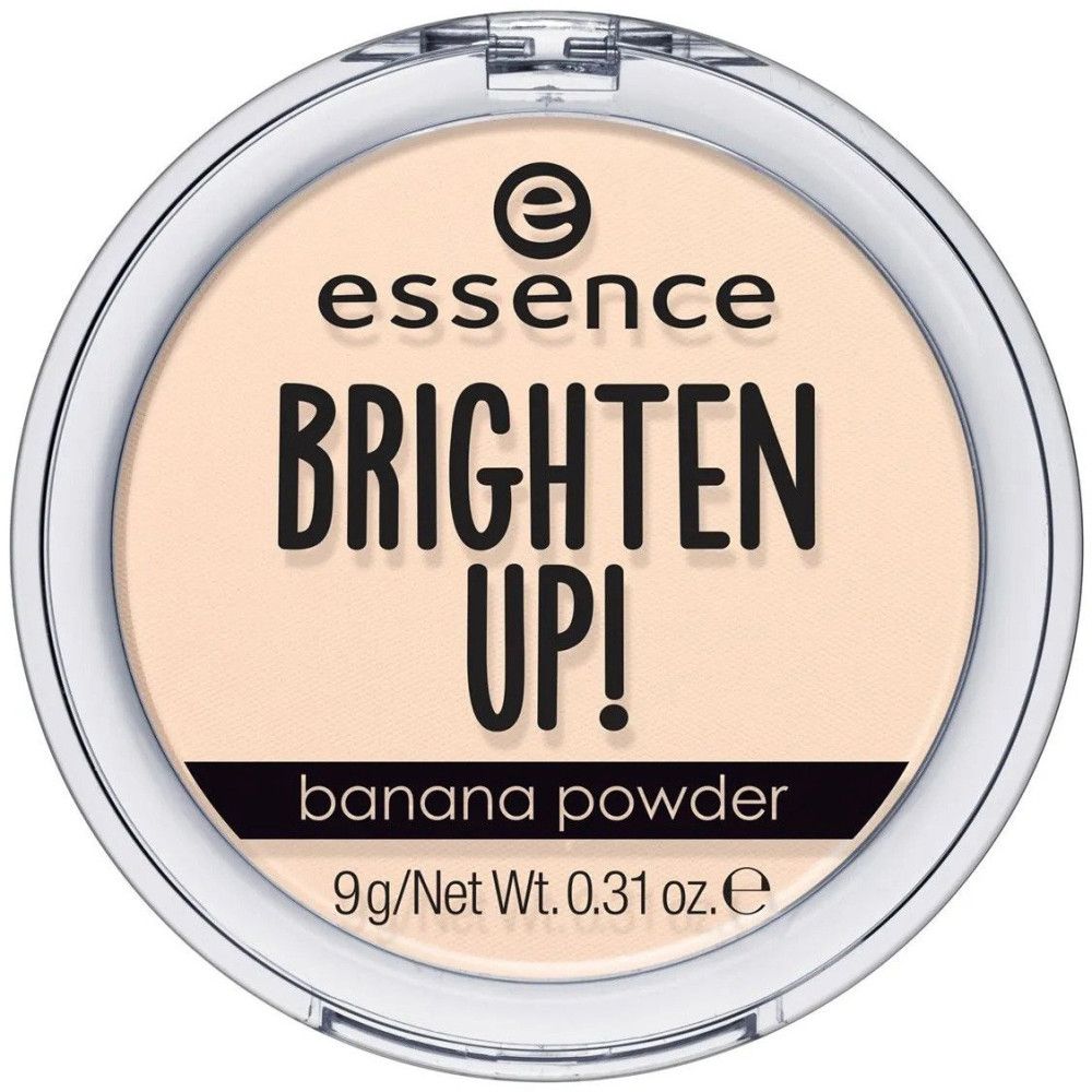 Ronde, transparante verpakking met licht poeder. Zwarte tekst: Essence, Brighten Up!, Banana Powder. 9g/Net Wt. 0.31 oz.e.
