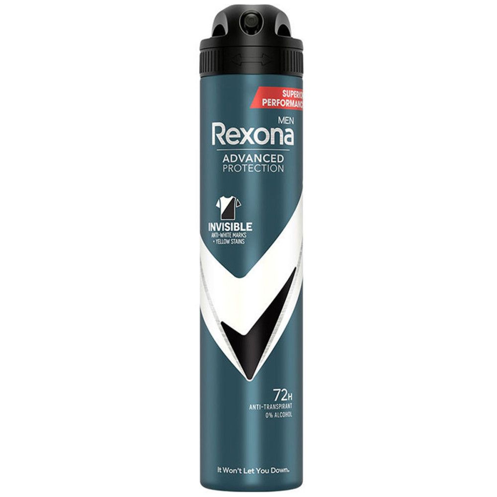 Bombe de déodorant Rexona. Bleu-gris avec bouchon noir. Inscription: Advanced Protection, Invisible. 72h anti-transpirant, 0% alcool.
