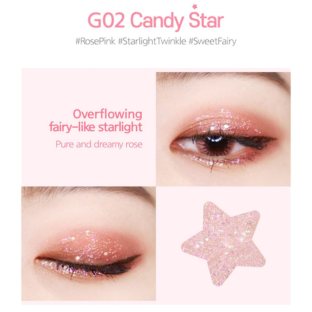 Gros plans sur des yeux avec fard à paupières pailleté. Une étoile de paillettes. Texte: G02 Candy Star, #RosePink, #StarlightTwinkle, #SweetFairy.