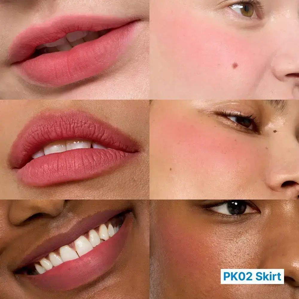 Meerdere close-ups van lippen en wangen. Eén afbeelding zegt "PK02 Skirt". De huidtinten variëren.