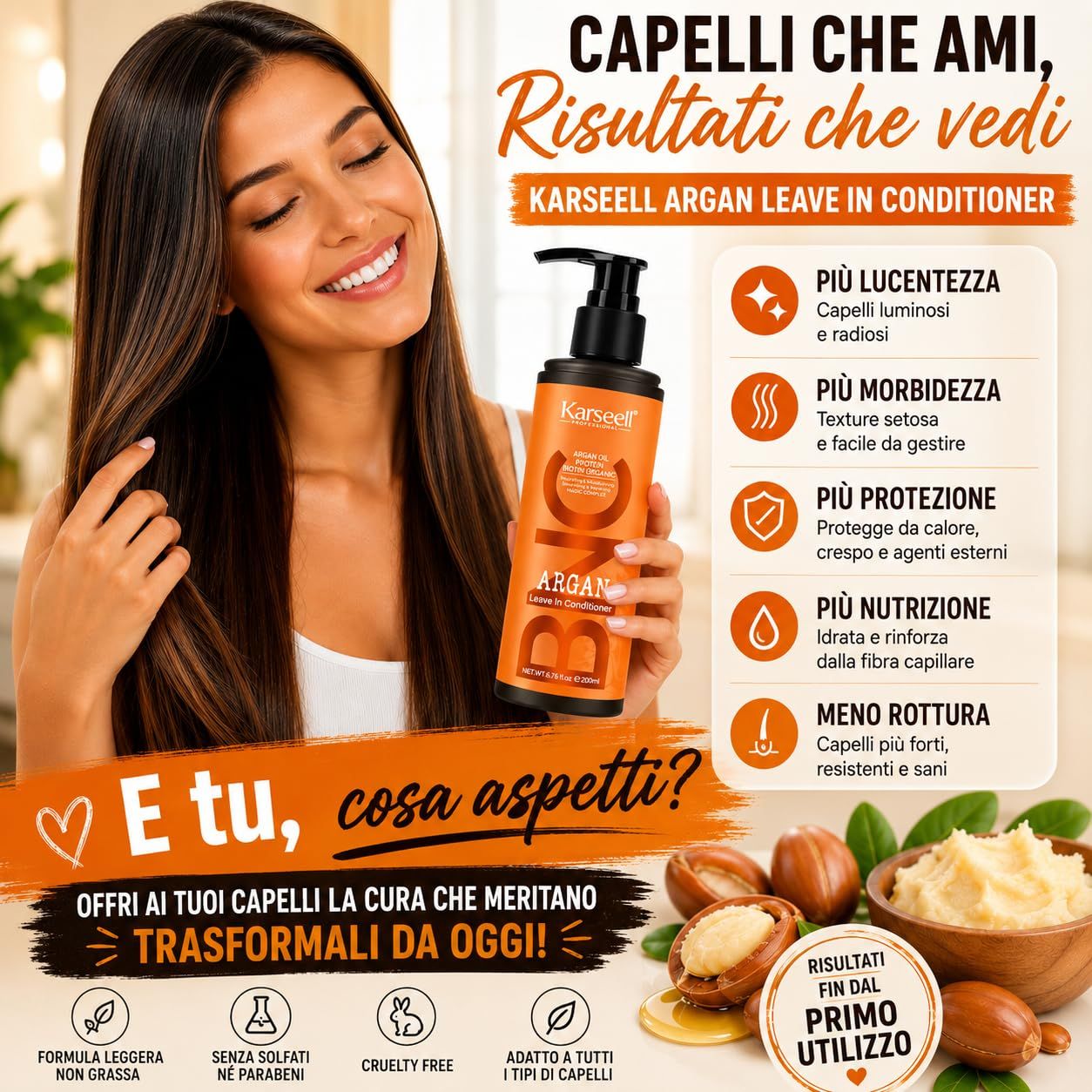 Flacon de Karaseell Argan Leave-In Conditioner avec pompe, de couleur orange.