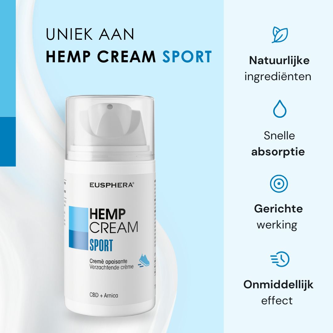 Producttube met tekst en symbolen. Tekst: UNIEK AAN HEMP CREAM SPORT. Tekst: NATUURLIJKE INGREDIËNTEN, SNELLE ABSORPTIE.