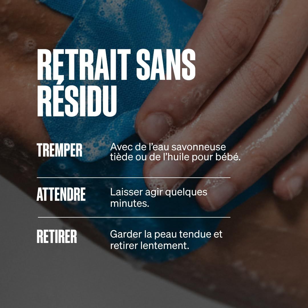 Retrait de bande de kinésiologie : Tremper avec eau savonneuse tiède ou huile pour bébé, retirer lentement.