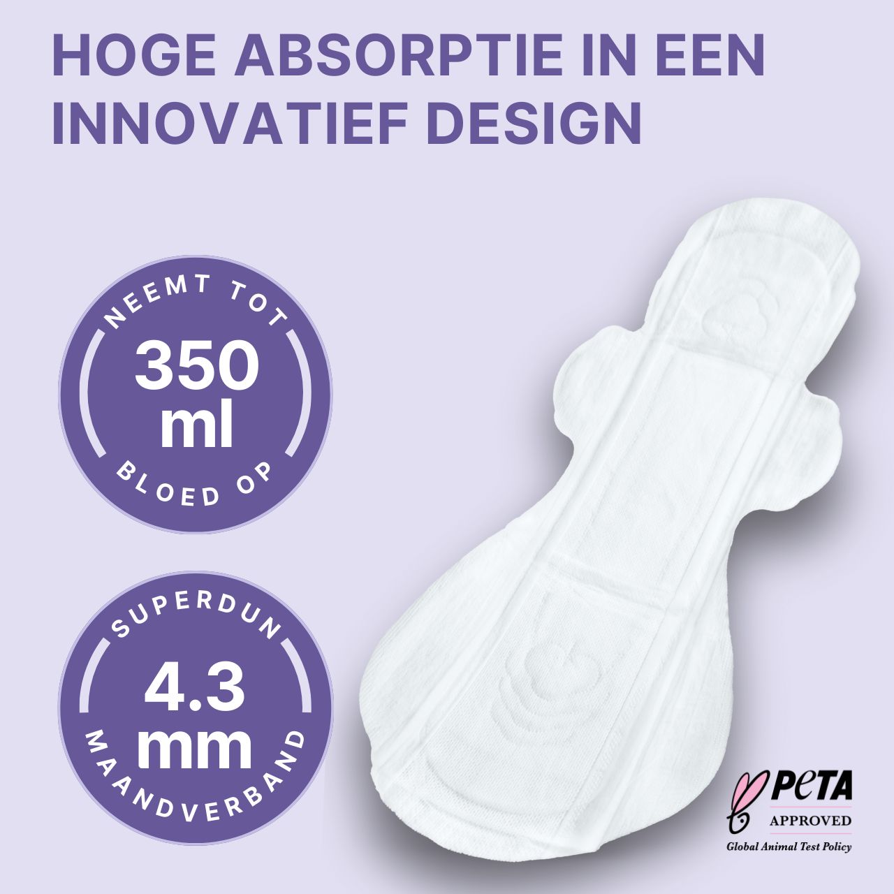 Witte kraamverband. Neemt tot 350 ml bloed op. Superdun, 4,3 mm. PETA-logo.