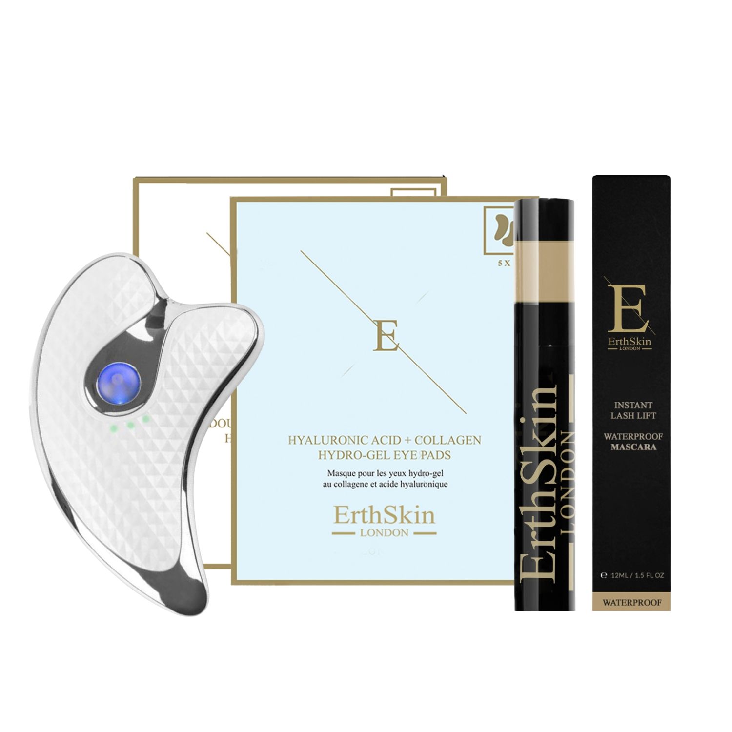 Set met oogpads, mascara en Gua Sha-tool. Gua Sha-tool van metaal. Mascaratube en -doos met logo.
