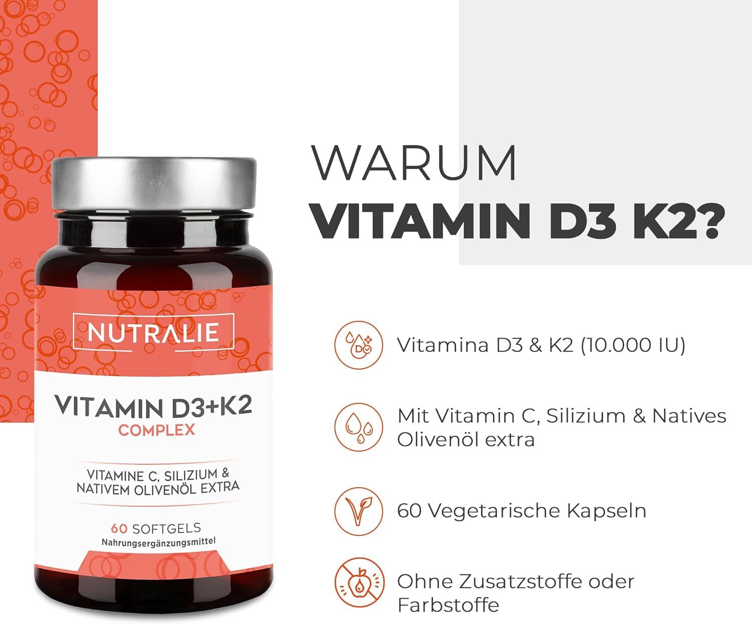 Bouteille Nutralie Vitamine D3+K2 Complex avec informations sur les ingrédients et capsules.