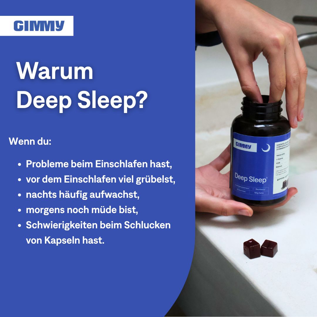 GIMMY Deep Sleep Gummies. Een persoon houdt een flesje gummies vast. Twee gummies liggen ernaast.