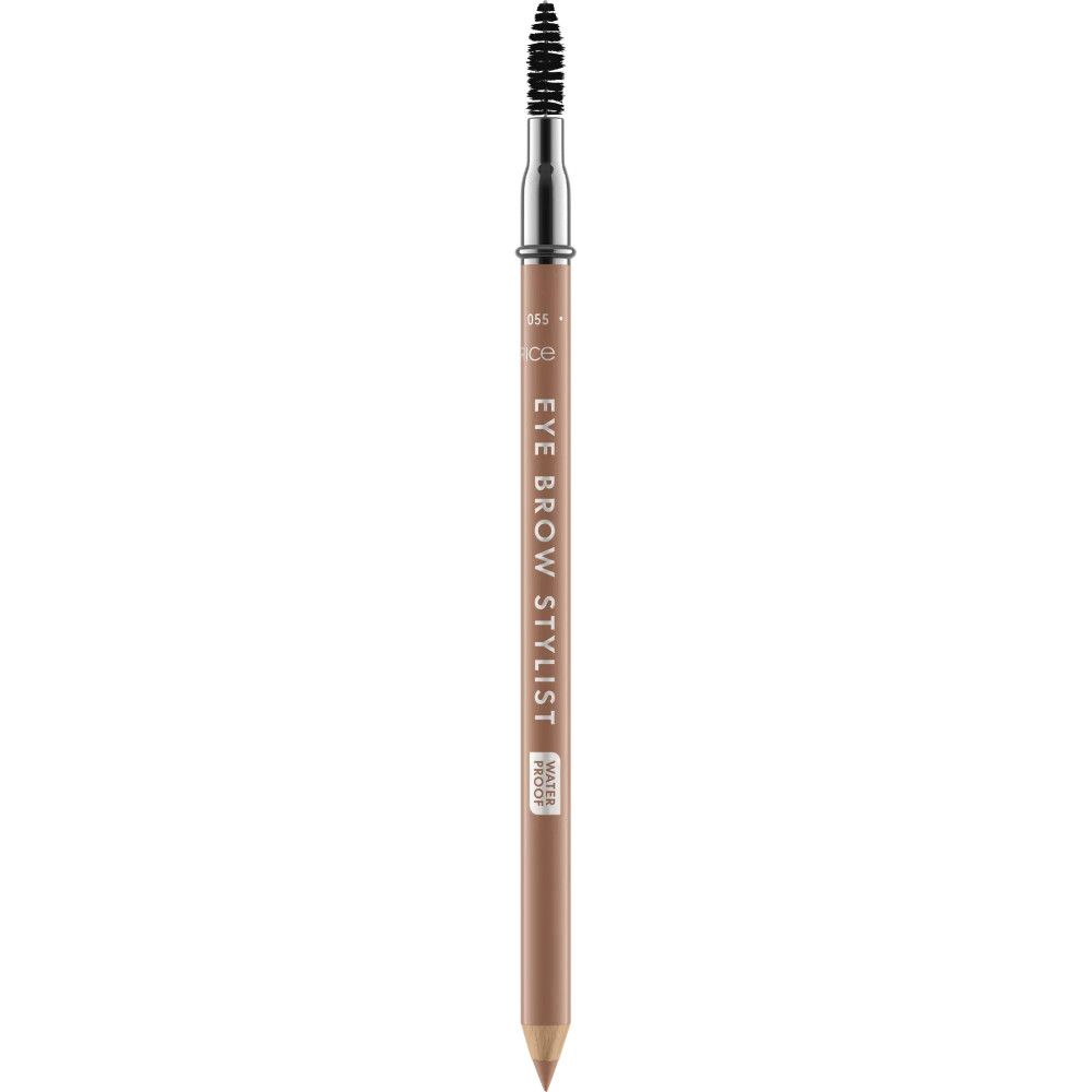 Crayon à sourcils avec brosse. Mine brun clair, brosse argentée, crayon brun. Inscription : EYE BROW STYLIST, WATER PROOF.