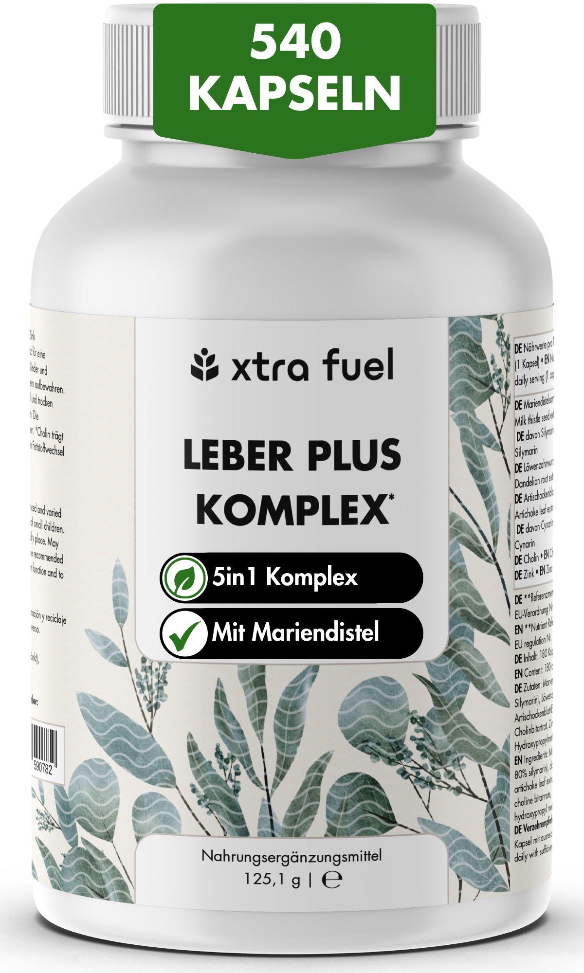 Witte pot met 540 capsules, Lever Plus Complex, 5in1 Complex met mariadistel.