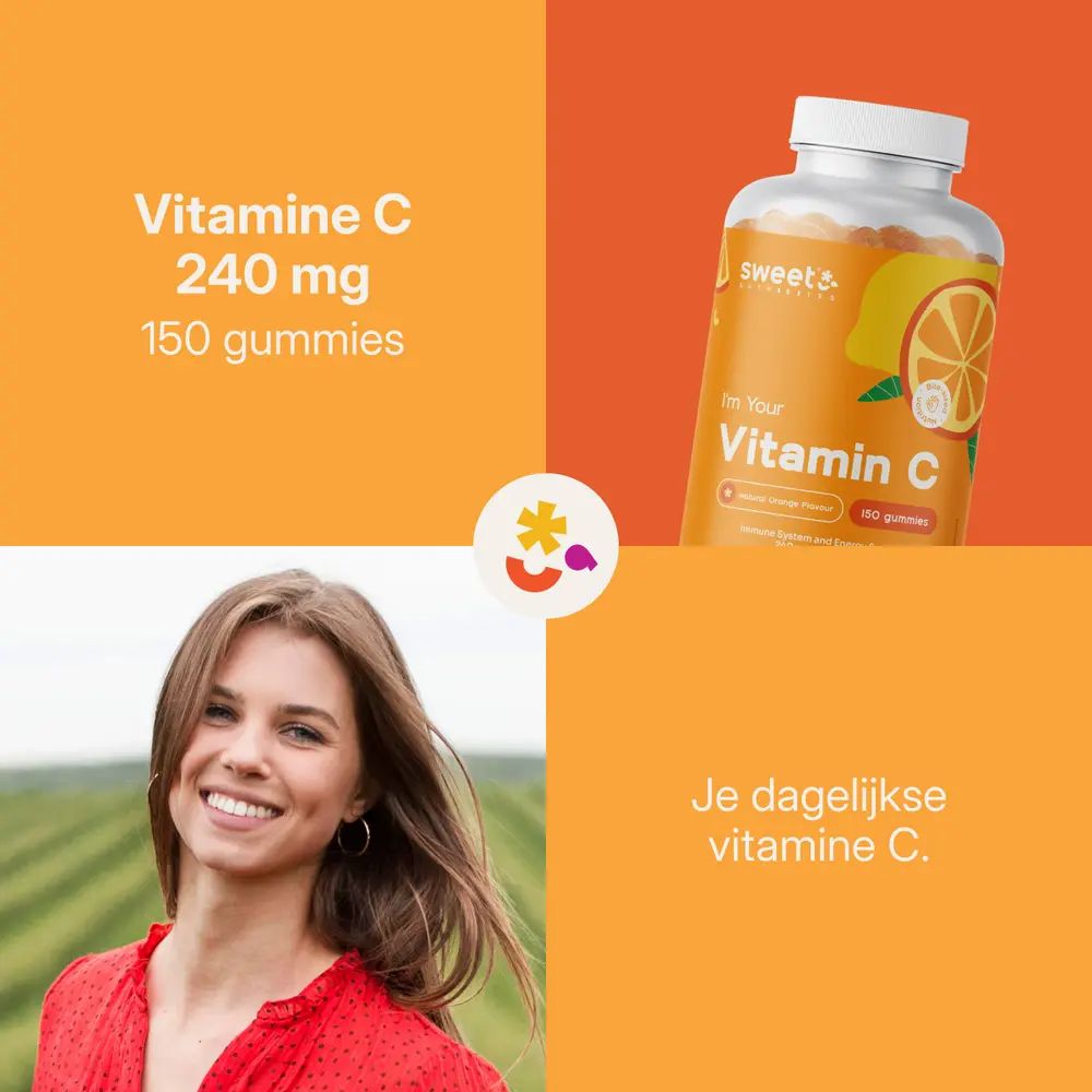 Vitamine C 240 mg en 150 gummies. Vrouw lacht. Tekst: Je dagelijkse vitamine C. Flesje vitamine C gummies.