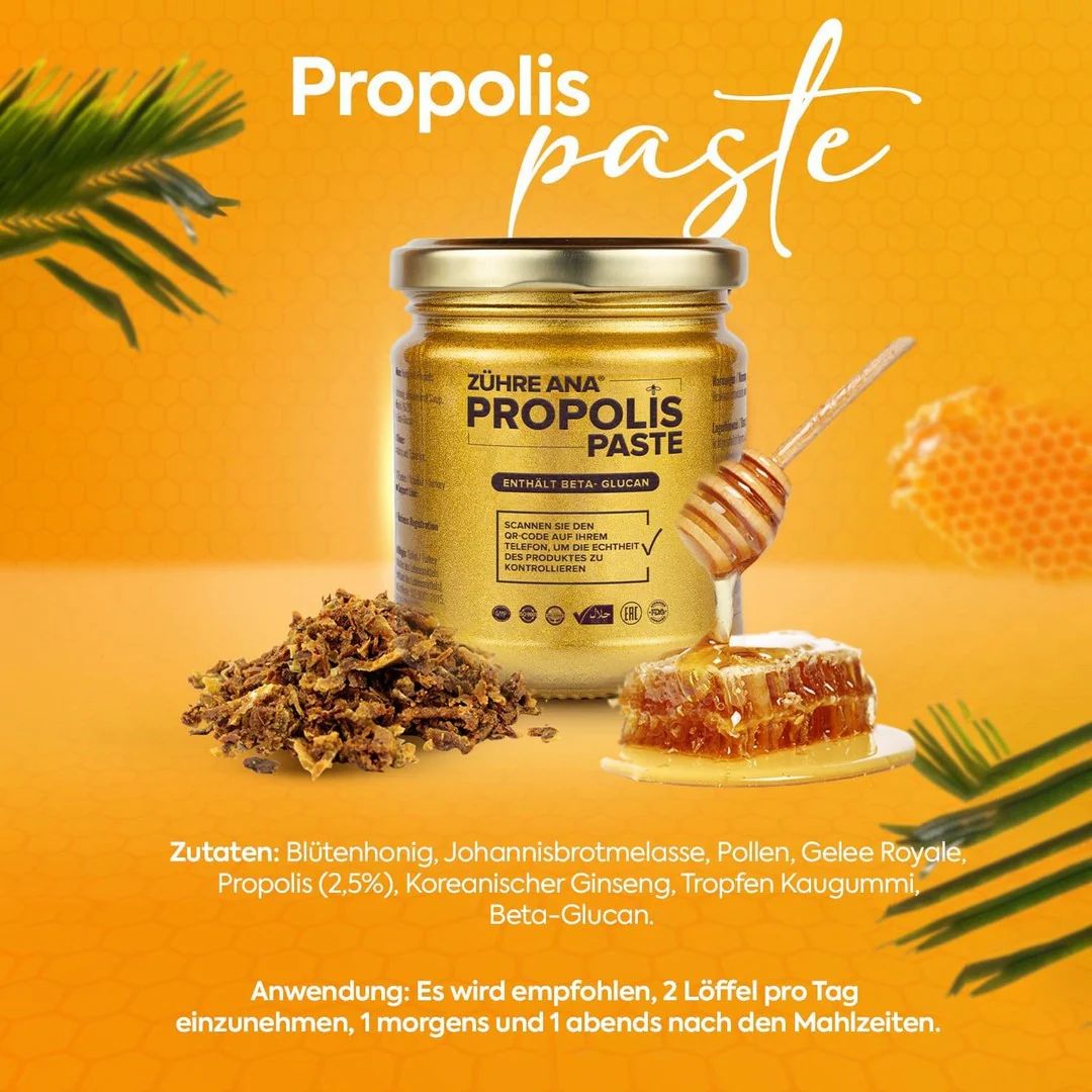 Pot de Zühre Ana Propolis Paste, nid d'abeille, miel et ingrédients. Avec cuillère. Sur fond orange.