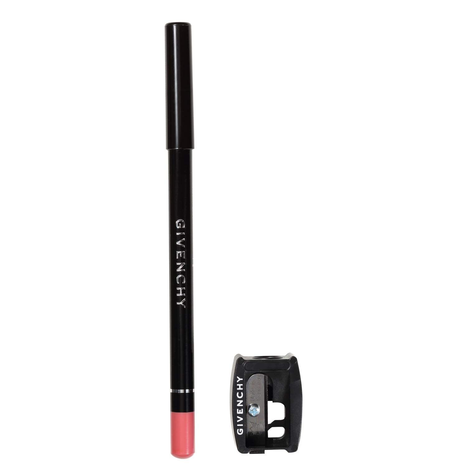 Crayon contour des lèvres noir avec pointe rose et taille-crayon. Le crayon porte l'inscription "GIVENCHY". Le taille-crayon est noir avec "GIVENCHY".