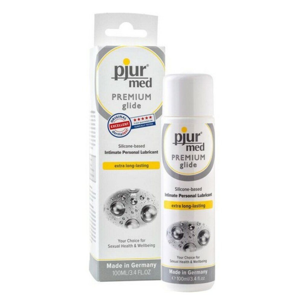 pjur med Premium Glide. Witte tube en verpakking. Opschrift: SILICONE-BASED PERSONAL LUBRICANT. Extra long-lasting. 100ml/3.4 FL.OZ.