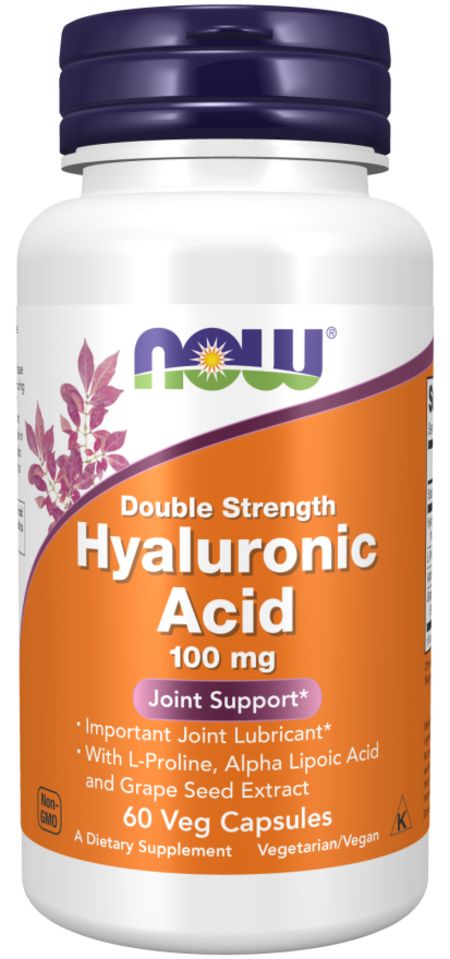 Flacon blanc, bouchon violet. Étiquette orange avec logo "NOW" et "Acide Hyaluronique 100 mg". 60 gélules végétales.