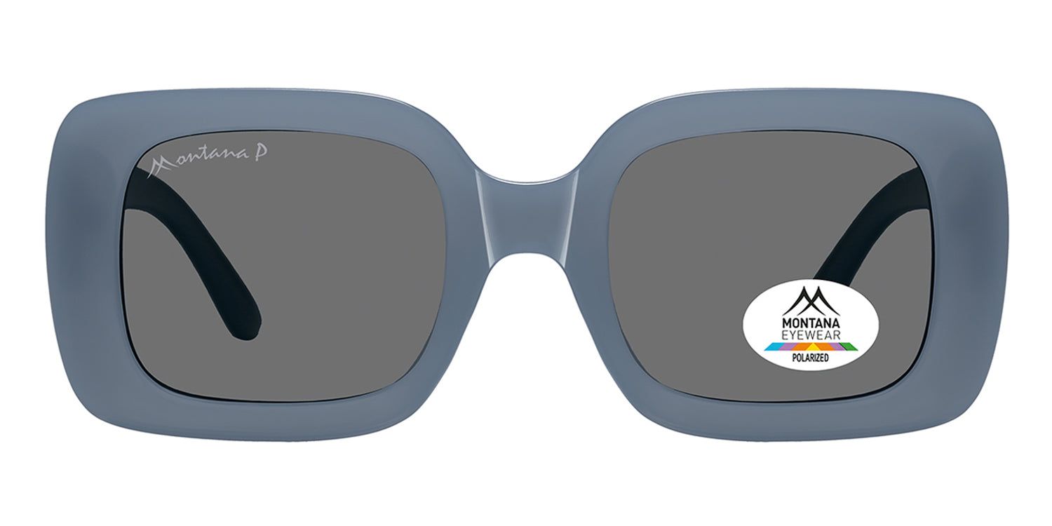 Lunettes de soleil bleues à verres rectangulaires. Logo Montana Eyewear et autocollant de polarisation. Branches noires.