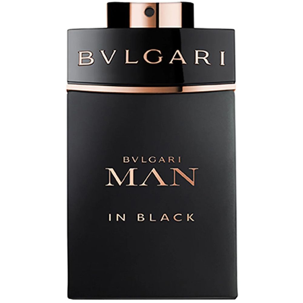 Zwarte Bvlgari Man In Black Eau de Parfum flacon met gouden accenten.