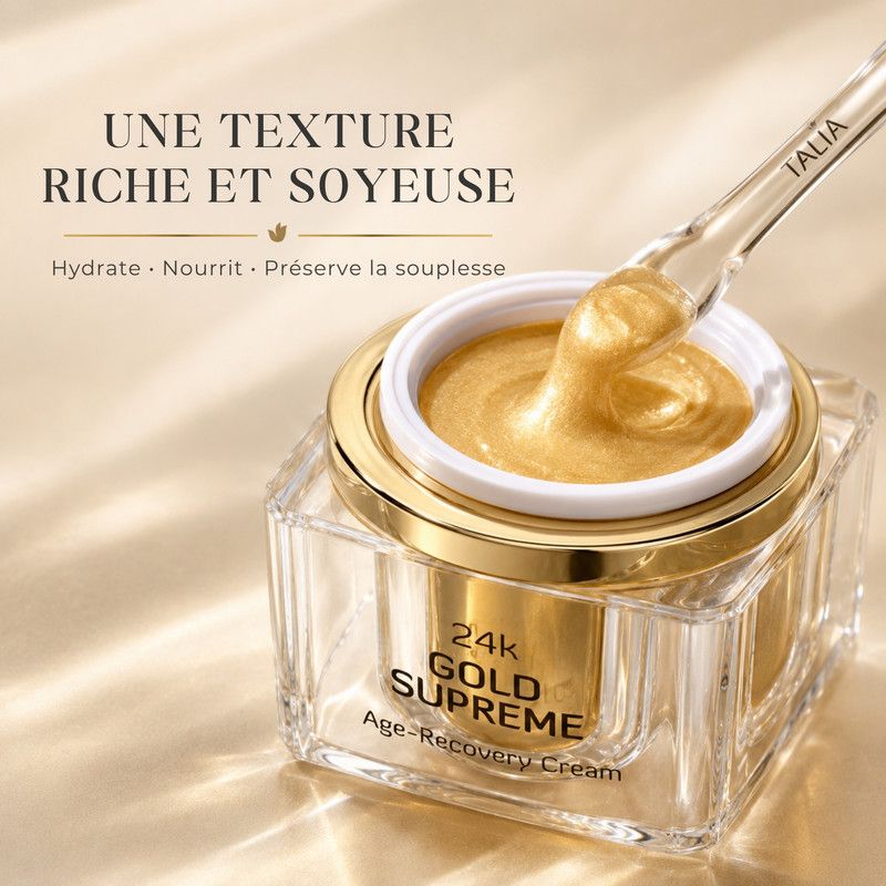 Un pot de crème Talia 24k Gold Supreme Age-Recovery avec une spatule.