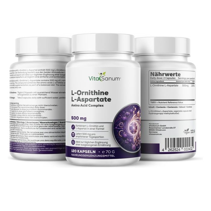 VitaSanum L-Ornithine L-Aspartaat capsules: Drie potjes, 120 capsules per potje, 500 mg per capsule.