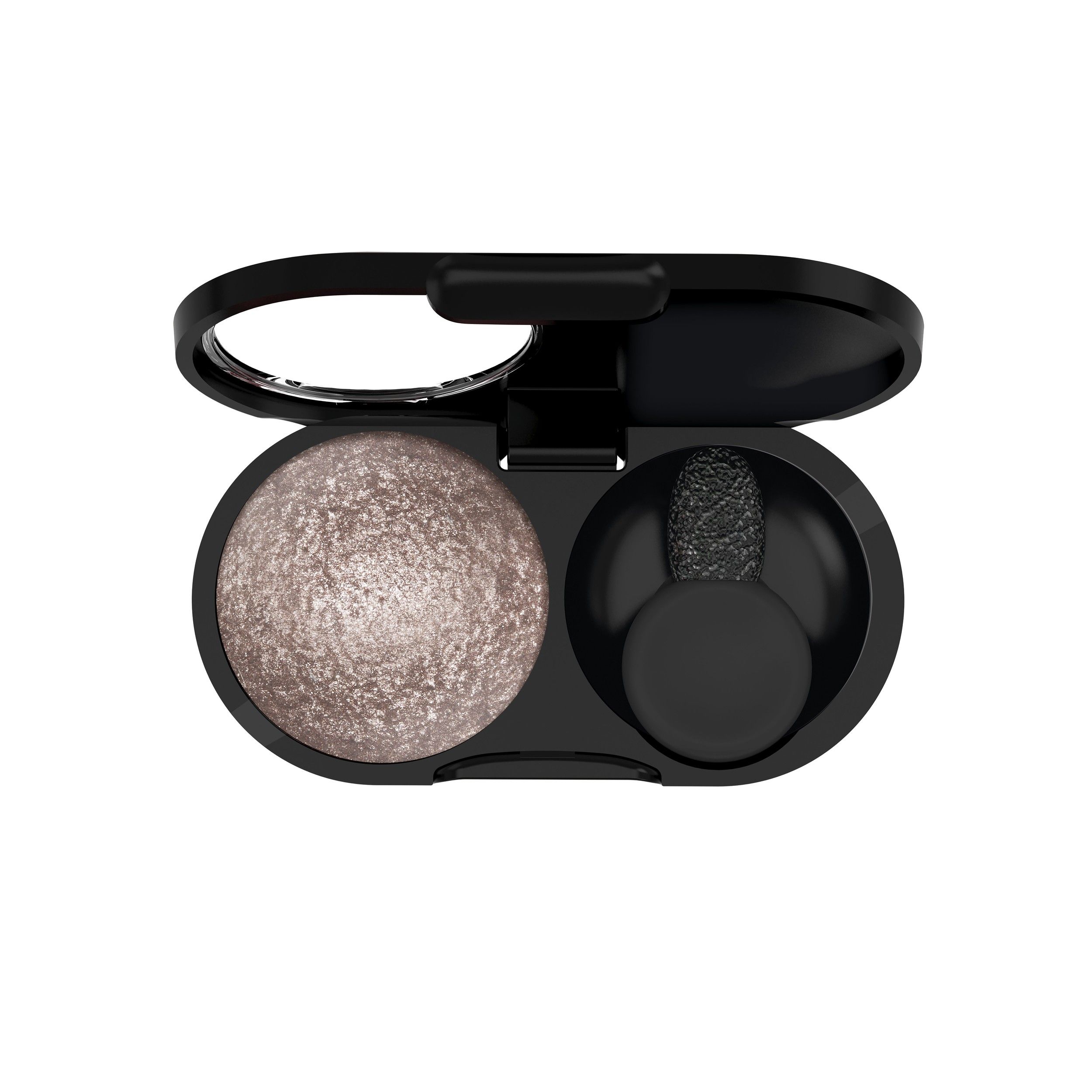 Ombre à paupières compacte dans un boîtier noir avec applicateur et miroir.