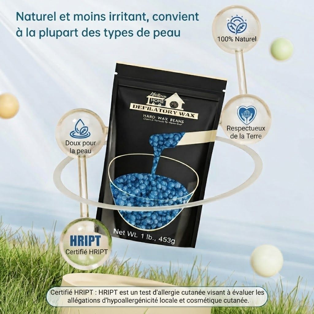 Sachet de perles de cire bleues, 453g. "Depilatory Wax Hard Wax Beans" et "100% Naturel" sont visibles.