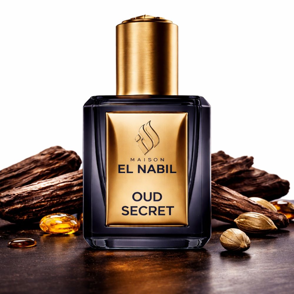 Donkere glazen fles met gouden dop. Gouden etiket met "EL NABIL OUD SECRET". Houtstukken en zaden omringen de fles.