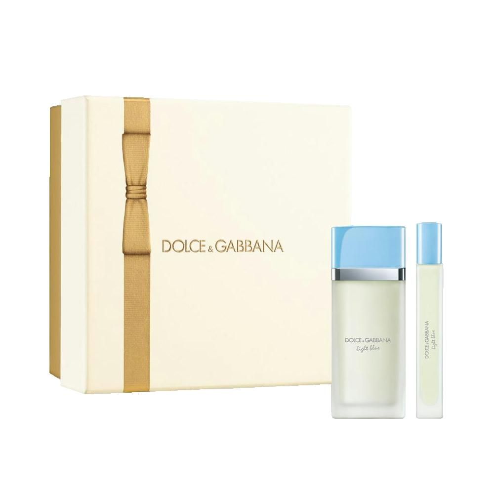 Geschenkverpakking Dolce & Gabbana Light Blue. Bevat fles en reisformaat. Crèmekleurige doos met gouden lint.