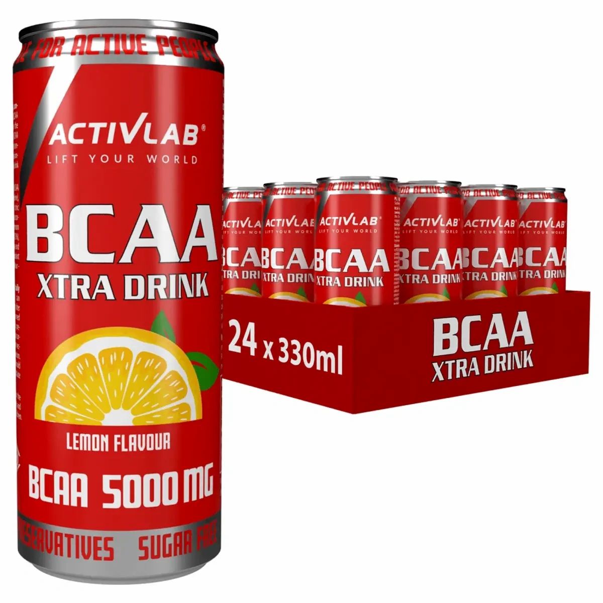 Activlab BCAA Xtra Drink Citroen: 24 blikjes van 330ml in een doos, 5000 mg BCAA per blikje.