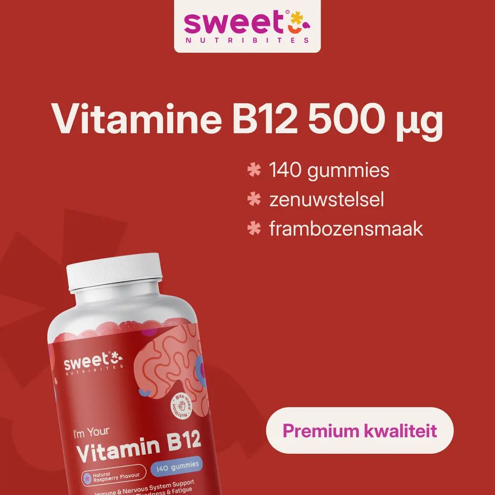 Vitamine B12 500 µg en 140 gummies. Zenuwstelsel en frambozensmaak. Premium kwaliteit.