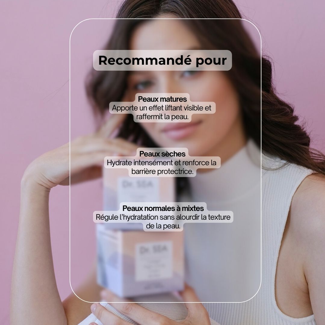 Femme avec emballage de crème. Texte : Recommandé pour : peaux matures, sèches, normales à mixtes. Nom du produit : Dr. SEA.