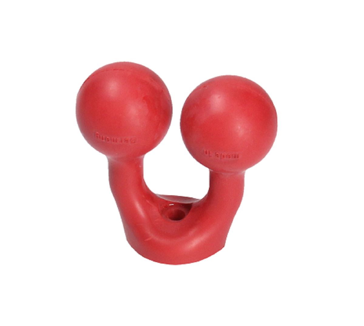 Objet rouge avec deux têtes rondes reliées par une tige incurvée. Petites dépressions visibles.