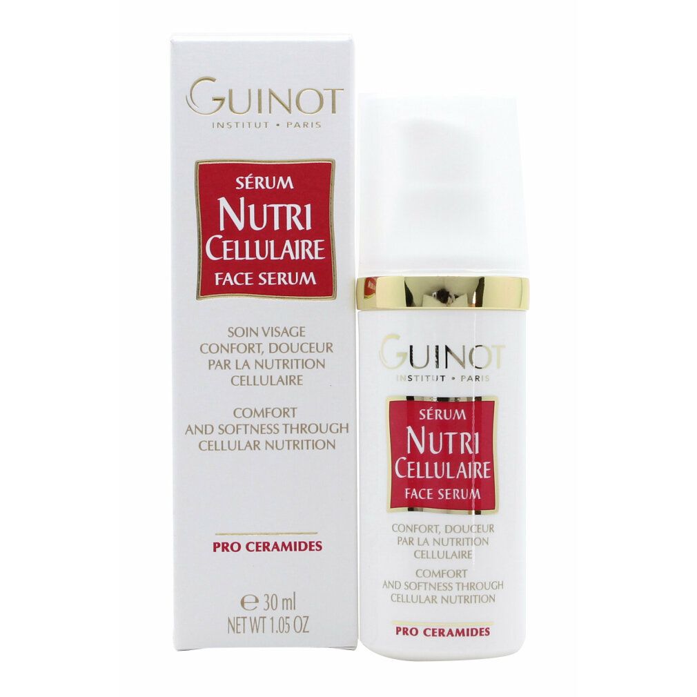 Guinot Serum Nutri Cellulaire en verpakking. Witte fles met pomp, rood etiket, gouden ring. Witte doos.