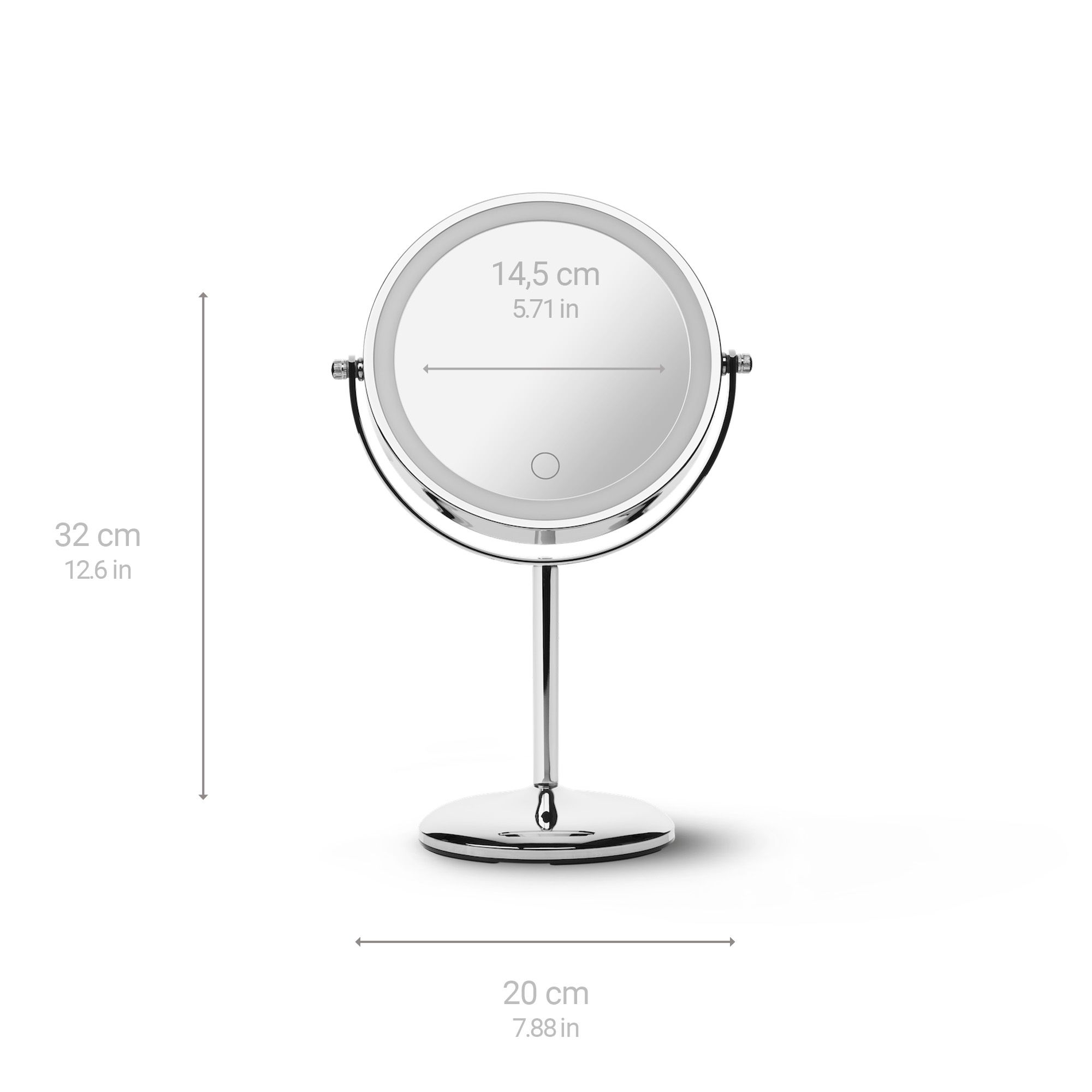 Miroir cosmétique rond chromé avec éclairage LED. Diamètre 14,5 cm, hauteur 32 cm, base 20 cm. Dimensions indiquées.
