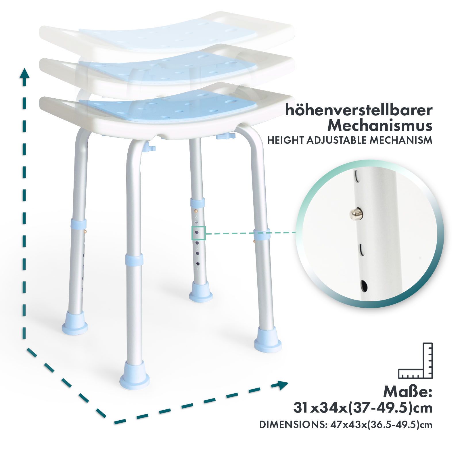 Tabouret de douche bleu. Mécanisme réglable en hauteur. Dimensions : 31x34x(37-49.5)cm.