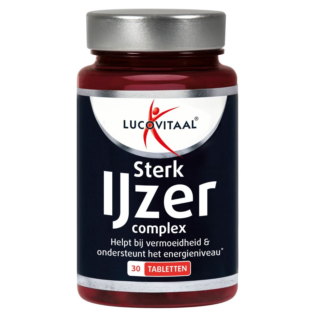 Rode fles met tabletten. Opschrift: Sterk IJzer complex. Logo: Lucovitaal. 30 tabletten.
