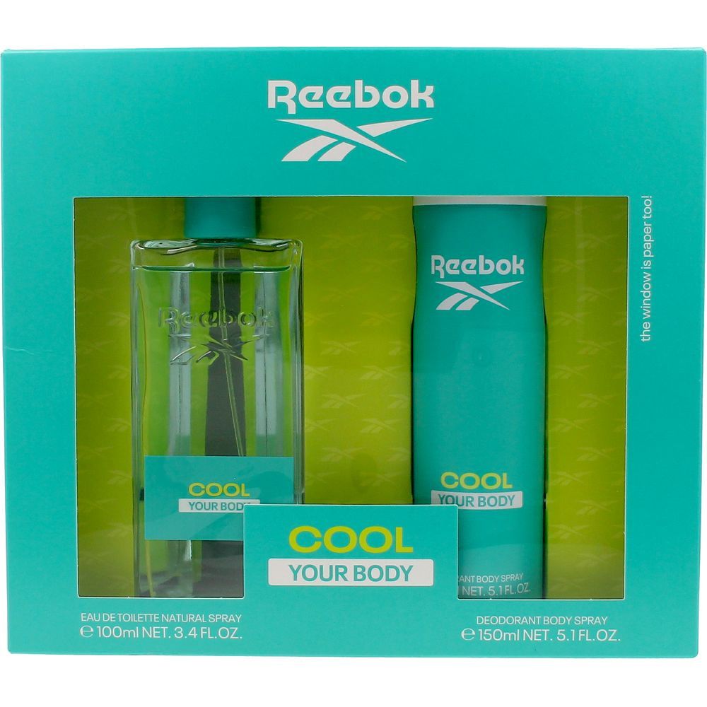 Coffret Reebok Cool Your Body. Eau de toilette et déodorant turquoise dans un emballage vert. Logo et inscription Cool Your Body.