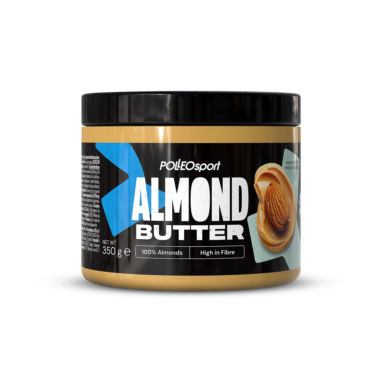 Pot amandelboter met zwart deksel. Etiket met "POLLOSport ALMOND BUTTER" en een afbeelding van amandelen.